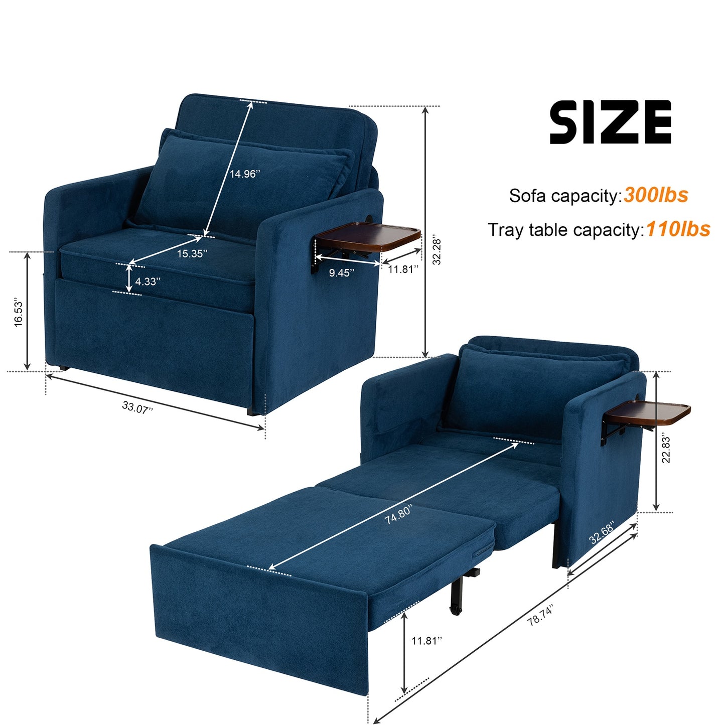 Convertible Sleeper Chair with Charging Ports & Folding Tray Table