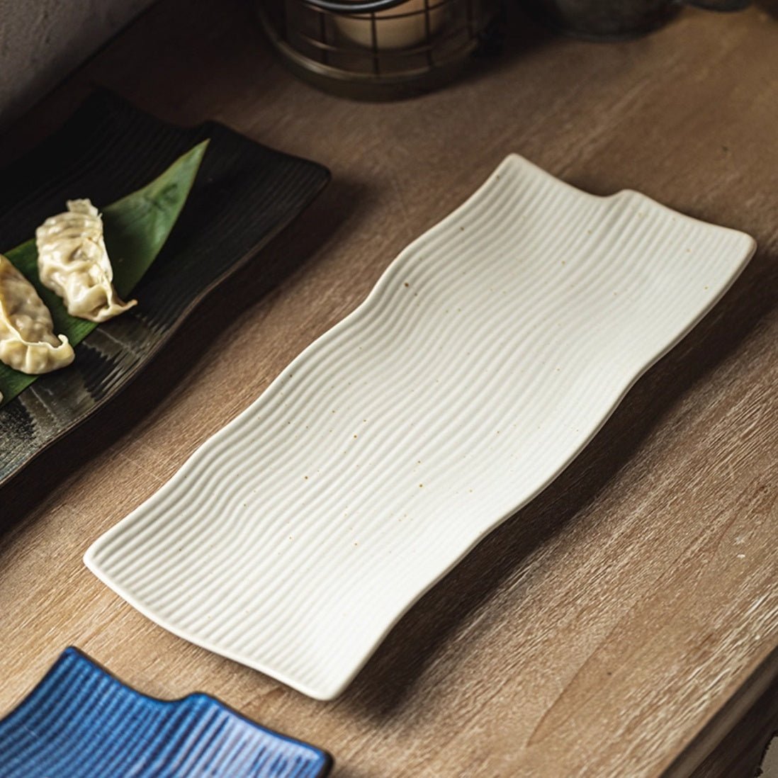 Irregular Long Ceramic Sushi Plates – Japanese Style Striped Flat Serving Dish