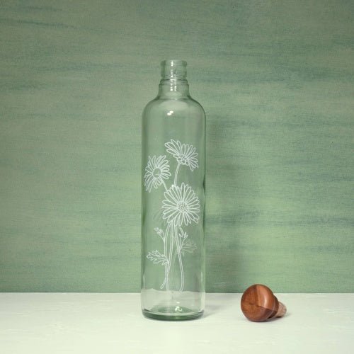 Transparent Glass Water Bottle with Stopper – Decorative Floral Design - DonoHome