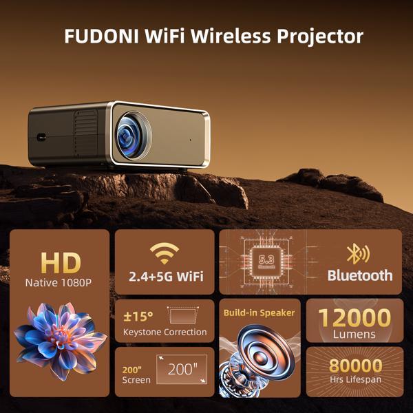 Portable 5G WiFi & Bluetooth Projector, 4K Supported, 1080P Native, 12000 Lumens LED Outdoor Movie Projector