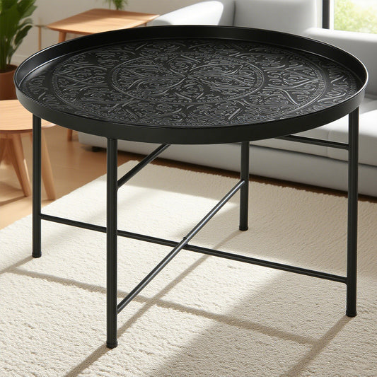 24" Round Hammered Metal Coffee Table with Tray Top – Black