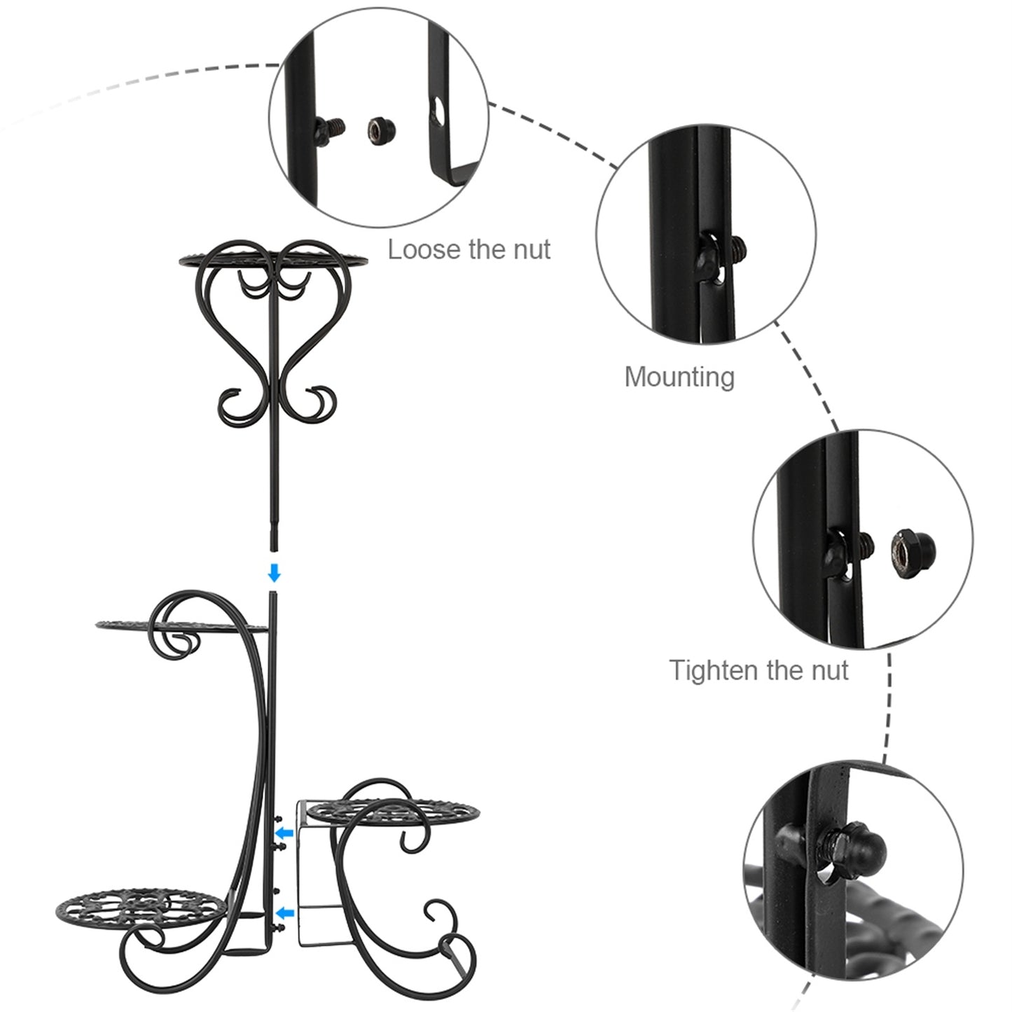Metal Plant Stand with 4 Round Flower Pot Holders – Black Iron Garden Display Rack