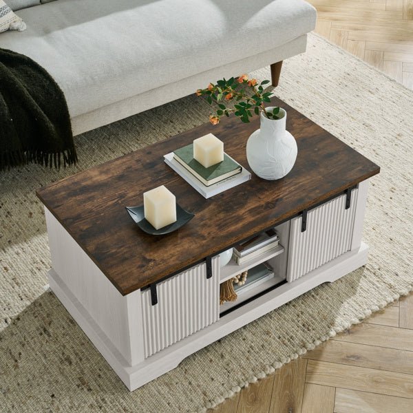 Rustic Farmhouse Coffee Table with Sliding Doors & Storage Shelves - 41 Inch - DonoHome