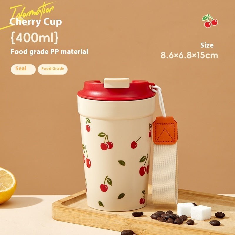 Creative Large Capacity Cherry Print Tumbler with Lid and Straw