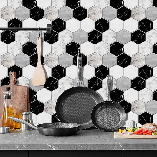 Black & White Marble Hexagonal Peel & Stick Wall Tiles – Waterproof Glossy PVC Backsplash for Kitchen & Bathroom