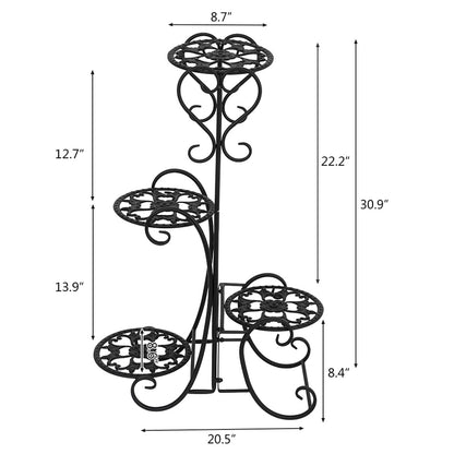 Metal Plant Stand with 4 Round Flower Pot Holders – Black Iron Garden Display Rack