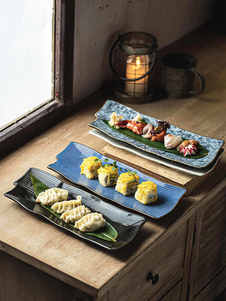 Irregular Long Ceramic Sushi Plates – Japanese Style Striped Flat Serving Dish