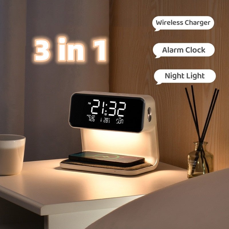 3-in-1 LED Bedside Lamp with Wireless Charger & Alarm Clock