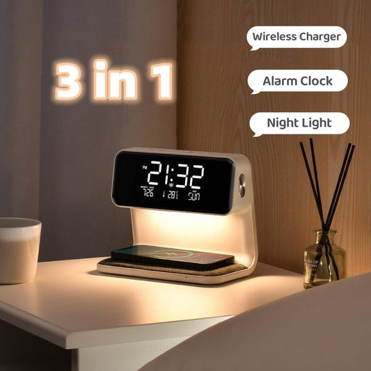 3-in-1 LED Bedside Lamp with Wireless Charger & Alarm Clock