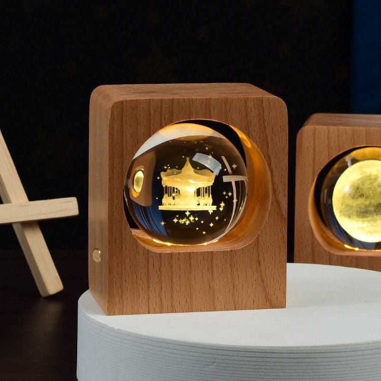 Wooden Base LED Night Light, 3D Laser-Engraved Galaxy Crystal Ball Lamp