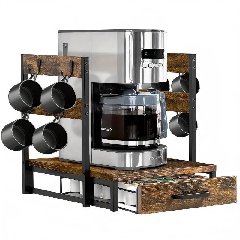 Coffee Maker Storage Rack with Cup Holder and K-Cup Drawer, Sturdy Countertop Organizer for Kitchen and Office