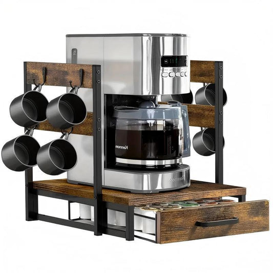 Coffee Maker Storage Rack with Cup Holder and K-Cup Drawer, Sturdy Countertop Organizer for Kitchen and Office