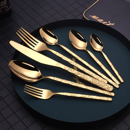 Embossed Handle Stainless Steel Flatware Set – 7-Piece, Black/Gold/Rose Gold/Silver