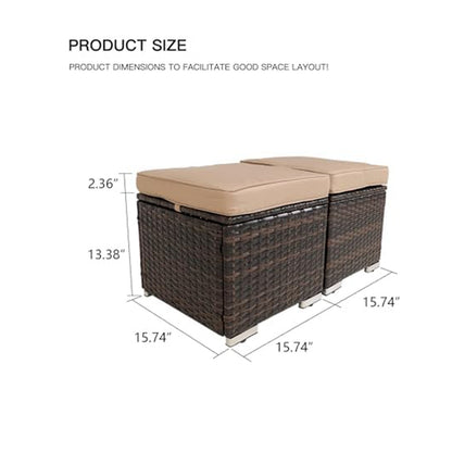 Set of 2 Outdoor Wicker Storage Ottomans with Removable Cushions – Patio Footrest / Side Table