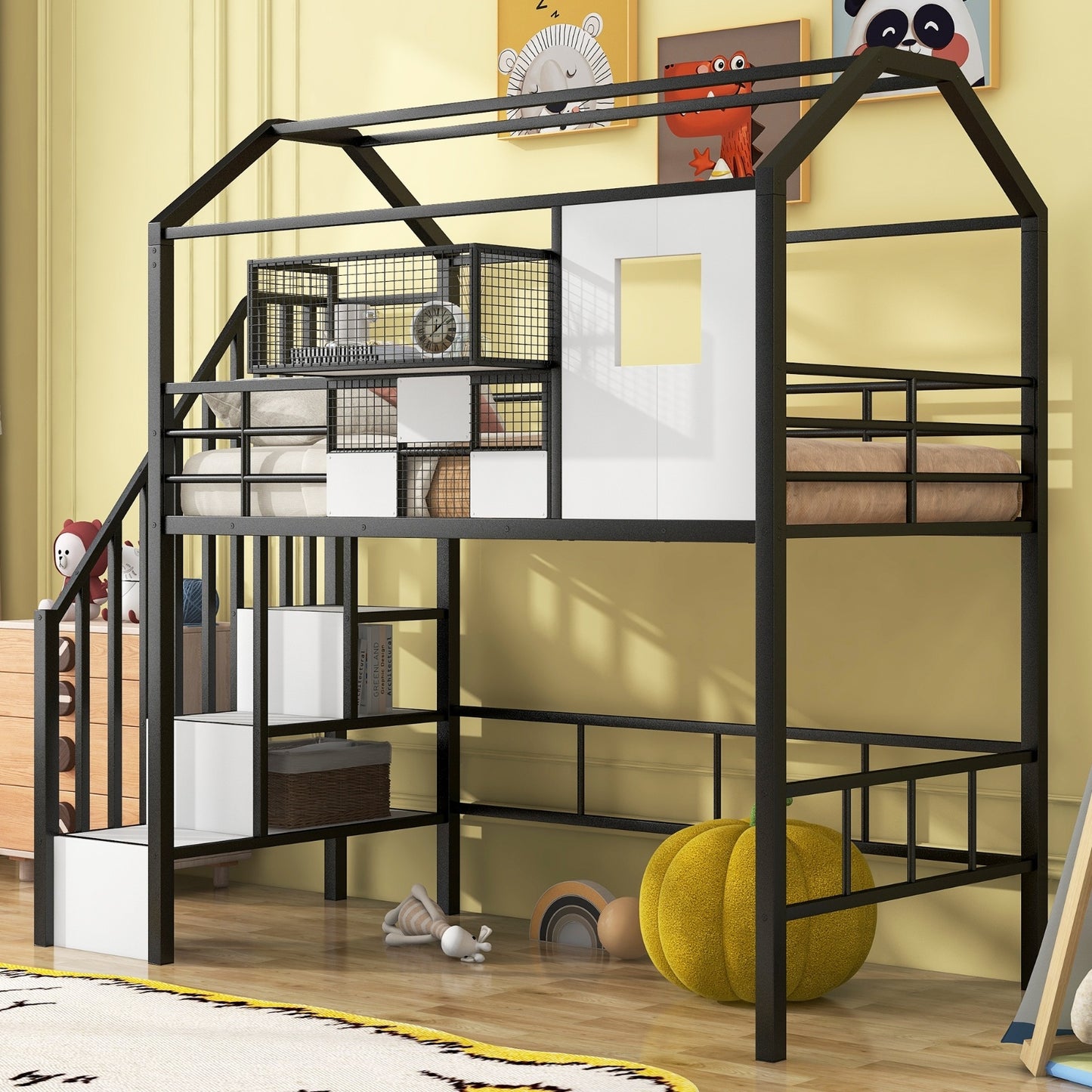Twin Metal Loft Bed with Roof Design, Guardrails, and Storage Box