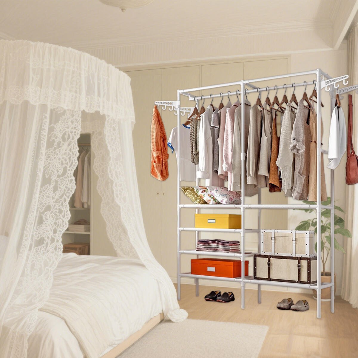 Multi-functional Double Rod Clothes Rack with Rotatable Tiers in White/Black - DonoHome