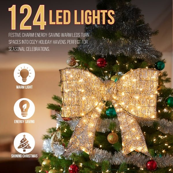 Pre-lit Outdoor Giant Bowknot Christmas Decoration, Lighted Metal Frame With 124 Warm White LED Lights, For Front Door Gate Wall Indoor Outdoor Holiday Party, Golden