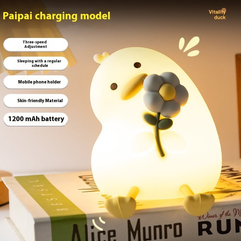 Cute Duck Night Light with Flower, USB Rechargeable Bedside Lamp for Kids & Bedroom Decor