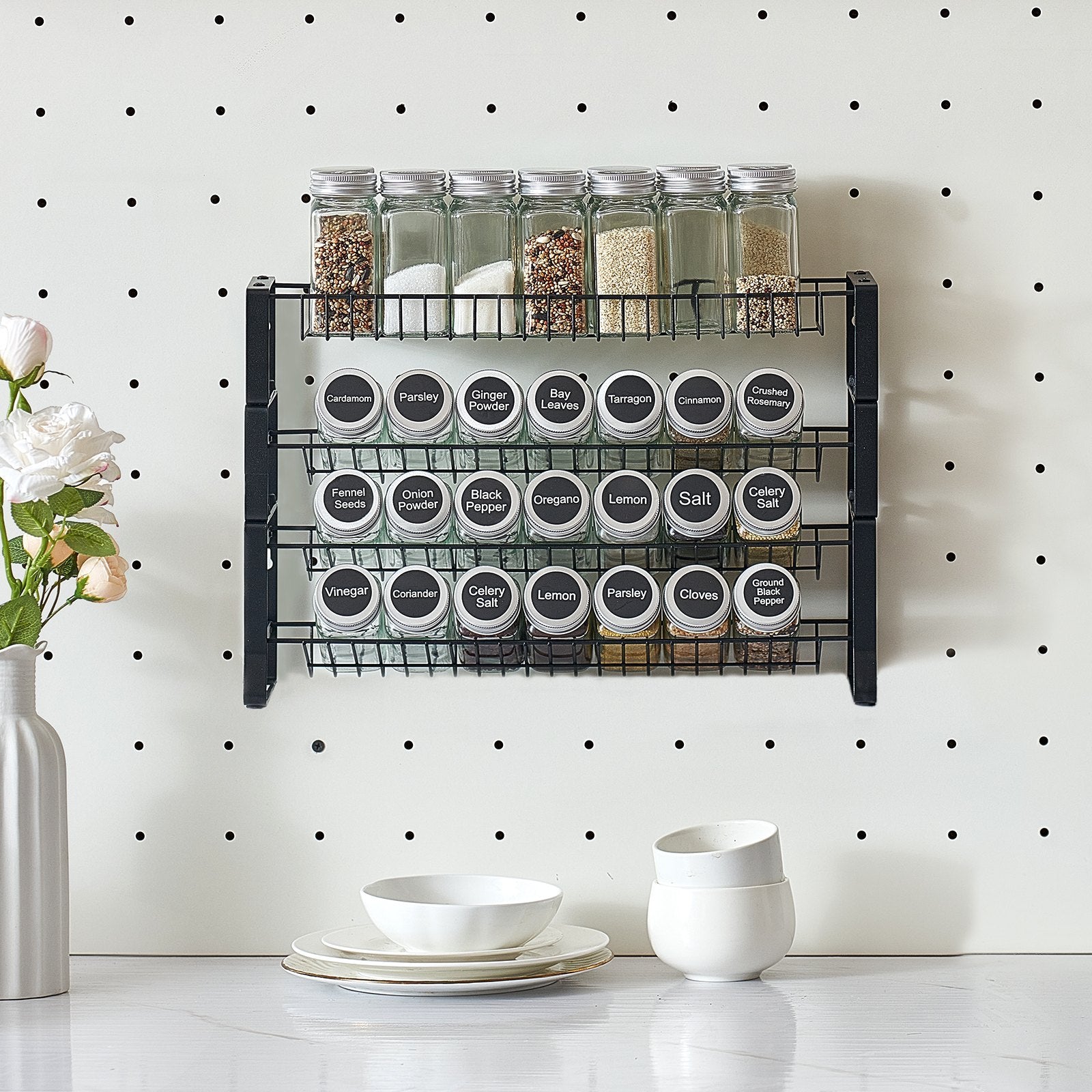 Spice Rack Organizer with Glass Jars, 2-Tier Countertop & Cabinet Seasoning Holder – Black - DonoHome