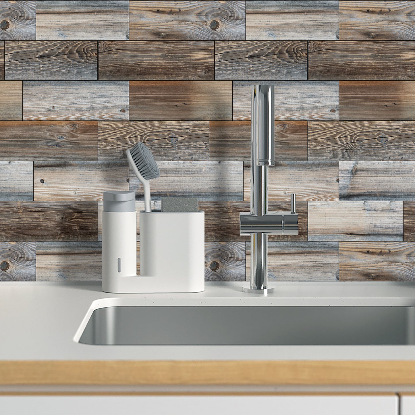 Wood Grain Mosaic Peel & Stick Wall Tiles – Waterproof Oil-Resistant PVC Stickers for Kitchen & Bathroom