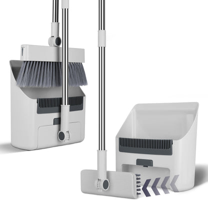 4-in-1 Broom and Dustpan Set with Squeegee – Upright Standing Cleaning Combo for Home, Kitchen & Office