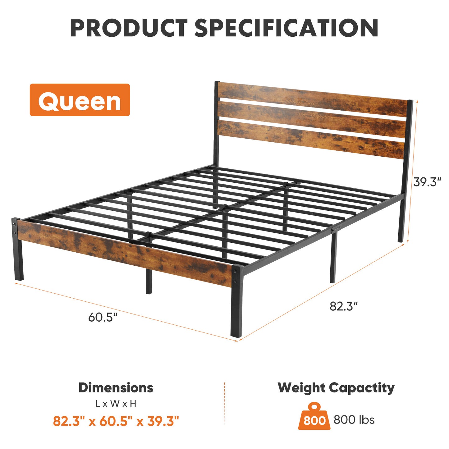 Metal Platform Bed Frame with Rustic Wood Headboard & Footboard (No Box Spring Needed) – Twin/Full/Queen