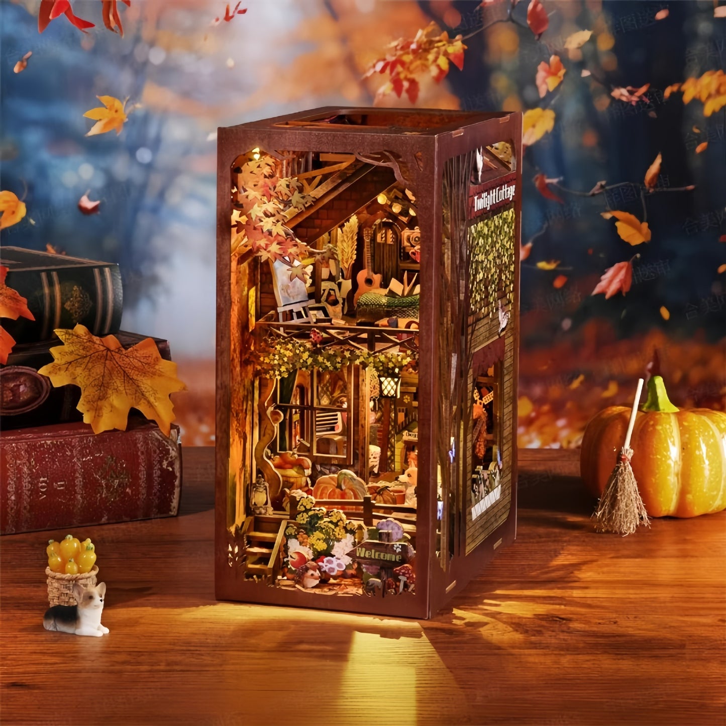 DIY Book Nook Kit, Hand-Assembled Wooden Miniature Cottage with Light