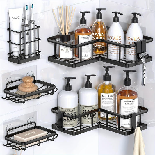 5-in-1 Corner Shower Caddy Set – Rustproof Punch-Free Bathroom Storage Rack with Soap Holder & Hooks