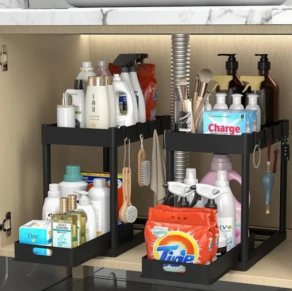 Sink Shelf Organizer Rack 1 Pack – 2-Tier Under Sink Storage Shelf with Pull-Out Basket, Hooks, and Drainage Design for Kitchen or Bathroom