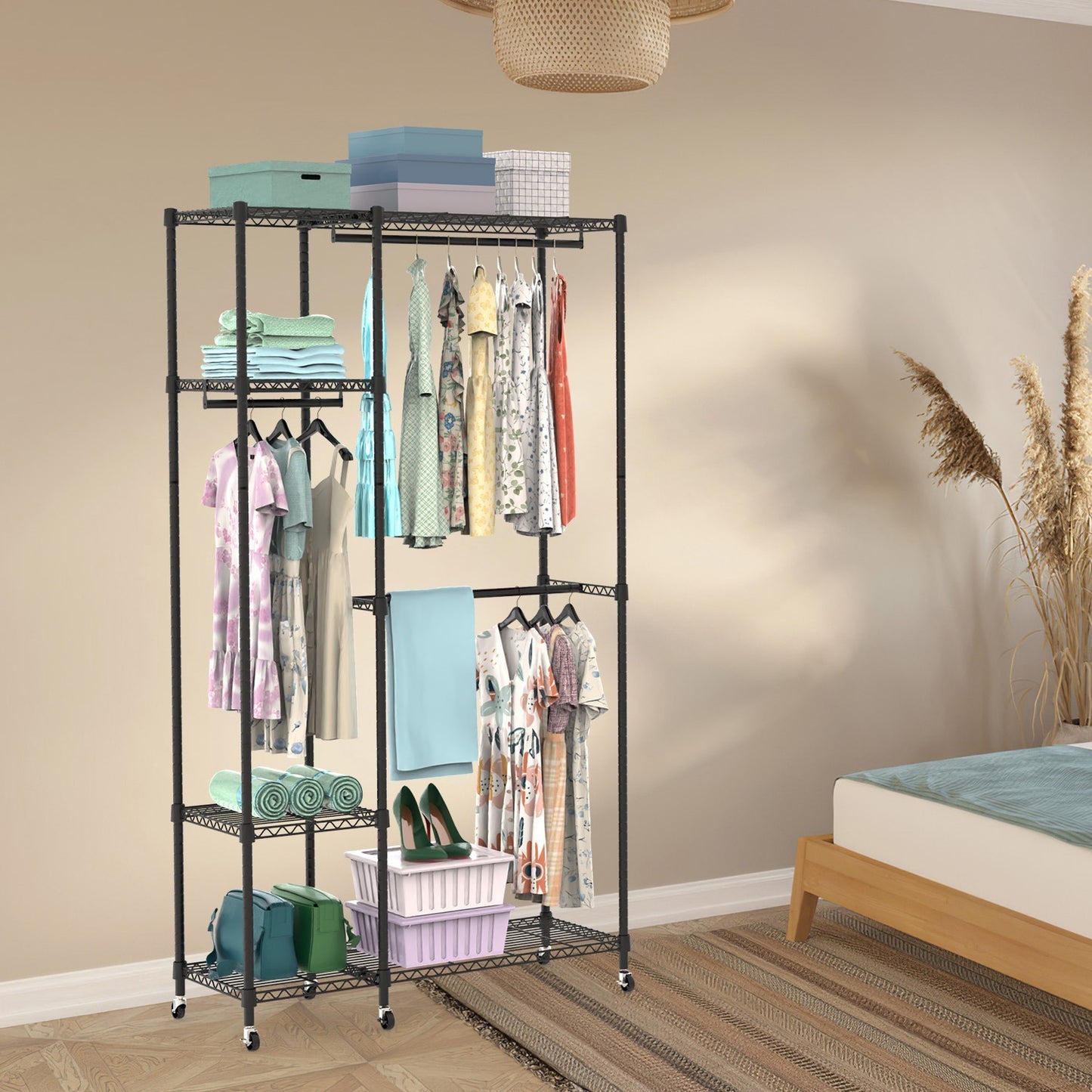Heavy-Duty Garment Rack with Wheels, 4-Tier Shelves & 3 Hanging Rods (44.9″×17.13″×77.95″, Carbon Steel)