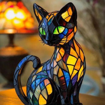 Resin Cat Statue LED Light, Stained Glass Style Figurine Lamp for Home Decoration