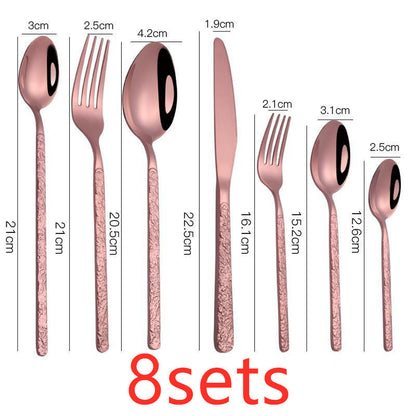 Embossed Handle Stainless Steel Flatware Set – 7-Piece, Black/Gold/Rose Gold/Silver