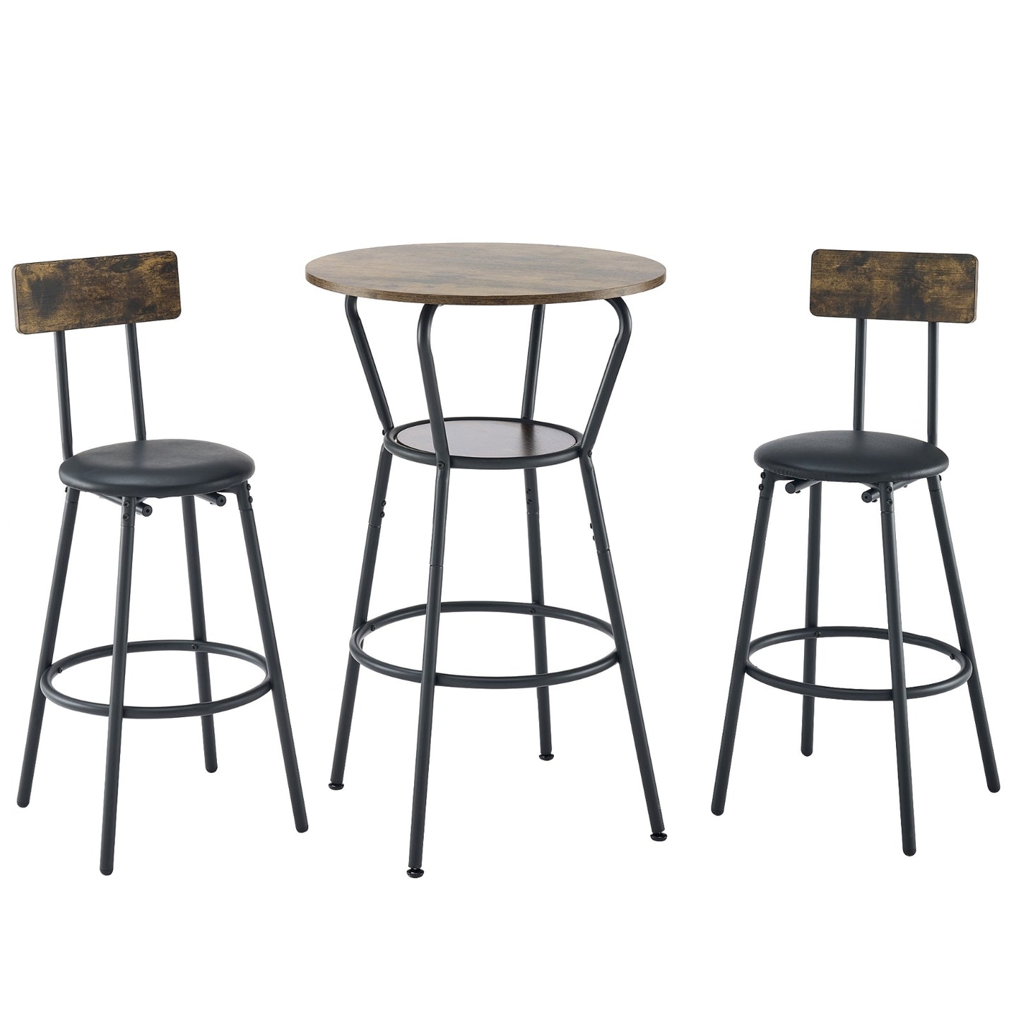 Round Bar Table And Stool Set With Shelf, Upholstered Stool With Backrest, Rustic Brown, 24.17 W X 2