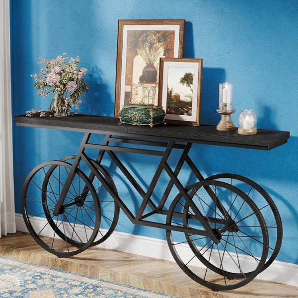 Creative 71 Inch Long Console Table With Bicycle Shaped Metal Base, Unique Wooden Entryway Or Sofa Table For Living Room, Hallway, Or Display Decor