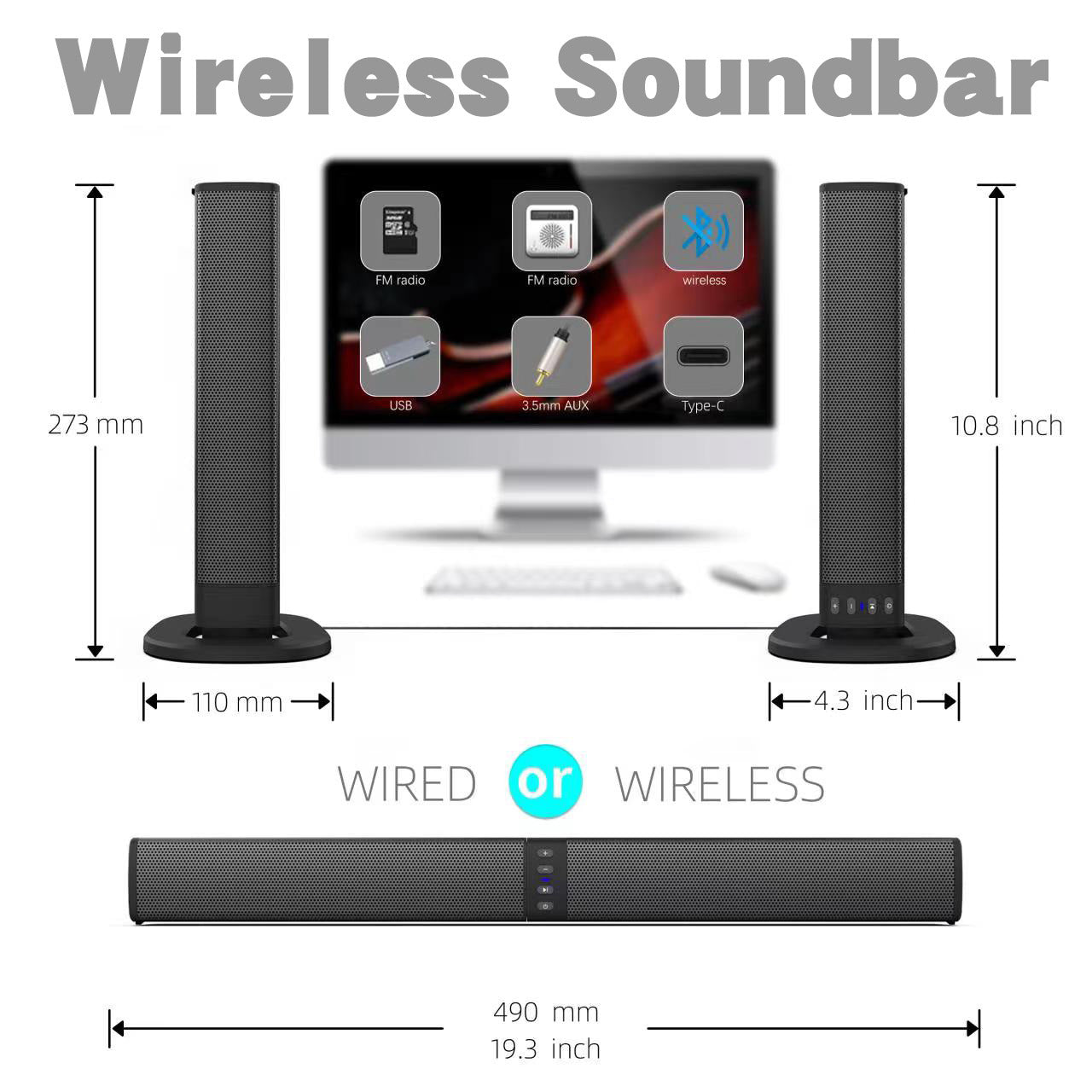 Convertible 2-in-1 Soundbar Speaker, Detachable Stereo Loudspeaker for Home