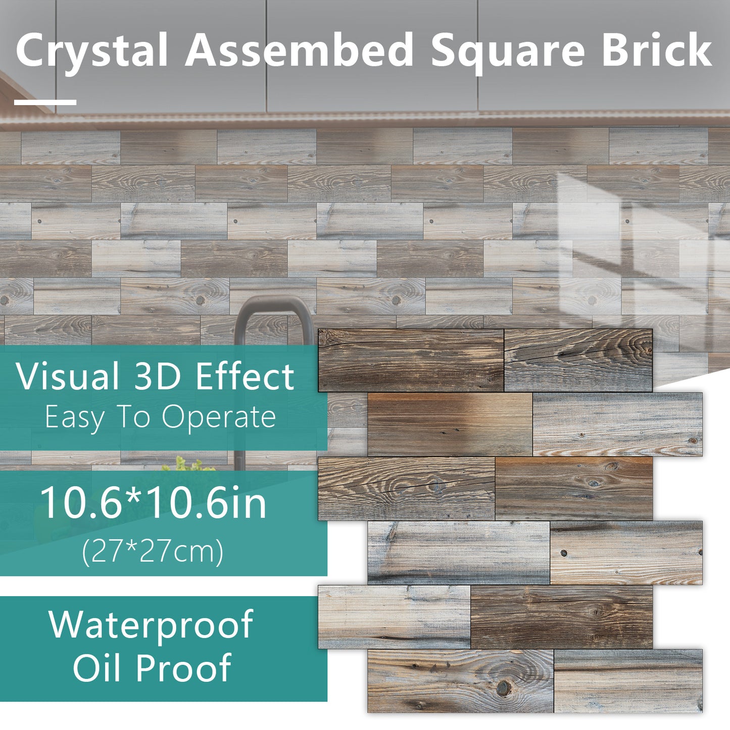 Wood Grain Mosaic Peel & Stick Wall Tiles – Waterproof Oil-Resistant PVC Stickers for Kitchen & Bathroom