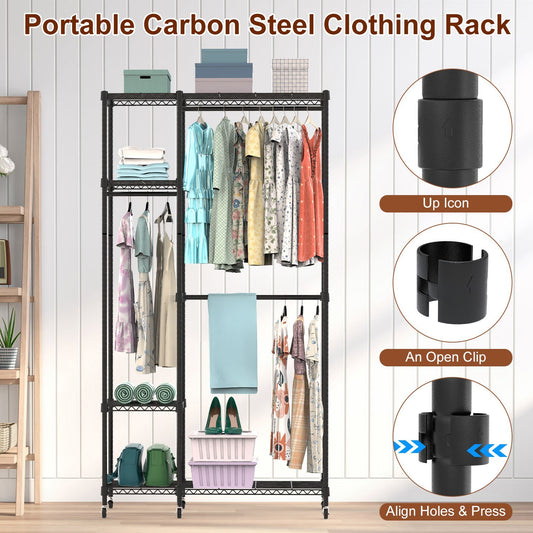 Heavy-Duty Garment Rack with Wheels, 4-Tier Shelves & 3 Hanging Rods (44.9″×17.13″×77.95″, Carbon Steel)