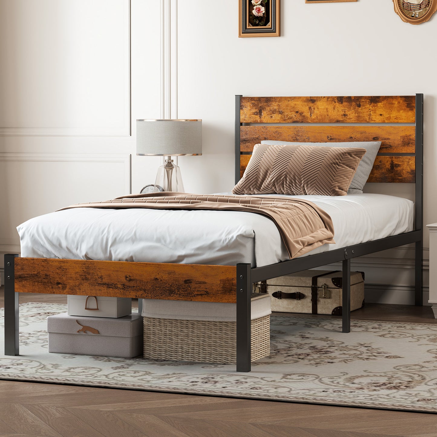Metal Platform Bed Frame with Rustic Wood Headboard & Footboard (No Box Spring Needed) – Twin/Full/Queen