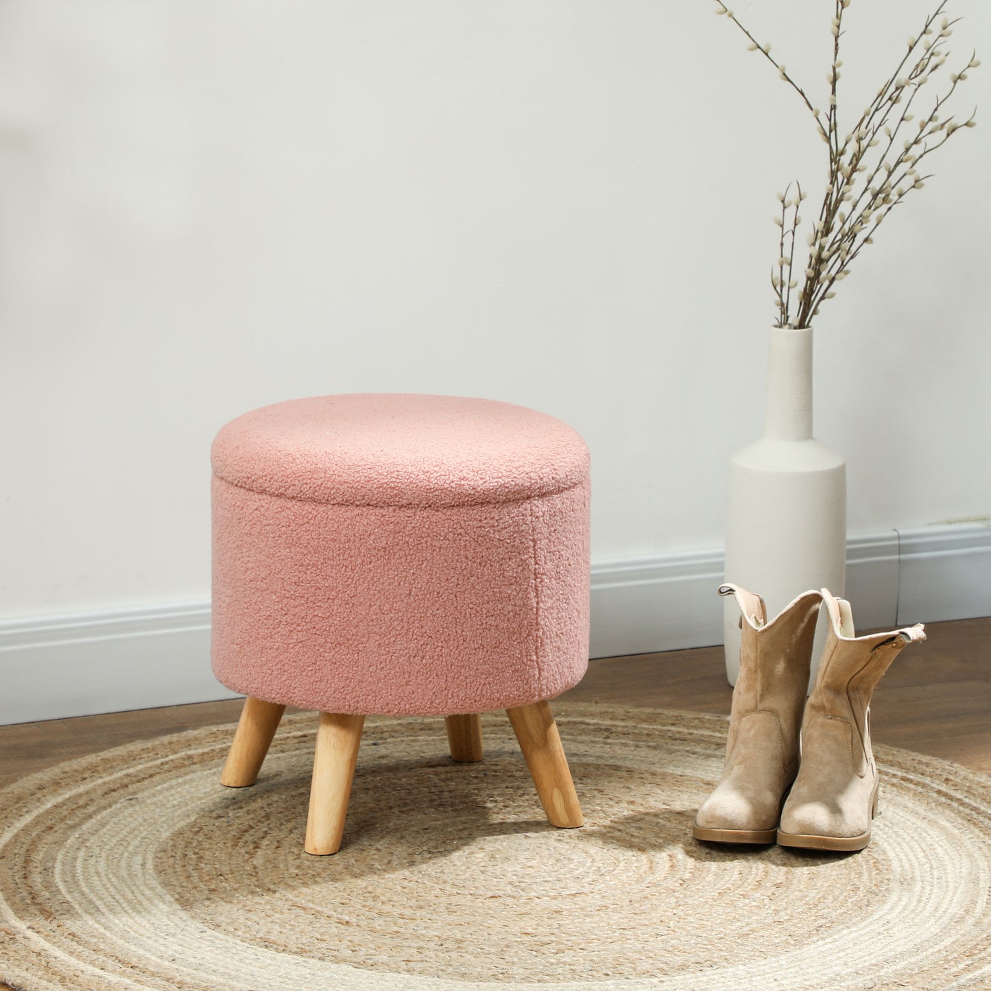 Round Storage Ottoman, Linen Upholstered Footstool with Padded Seat & Wood Legs (15.25″, 265 lb)