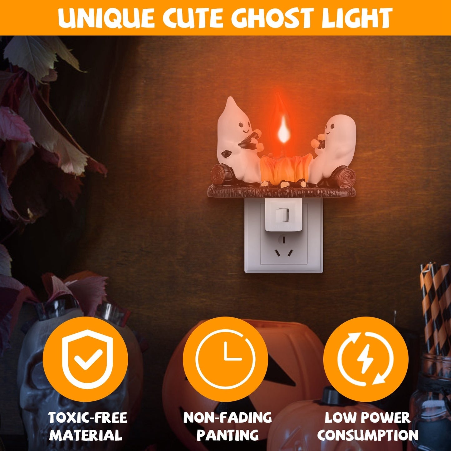 2Pcs Ghost Campfire Flickering Flame Night Light, Funny Halloween Bedroom Nightlight & Holiday Decoration Gift
