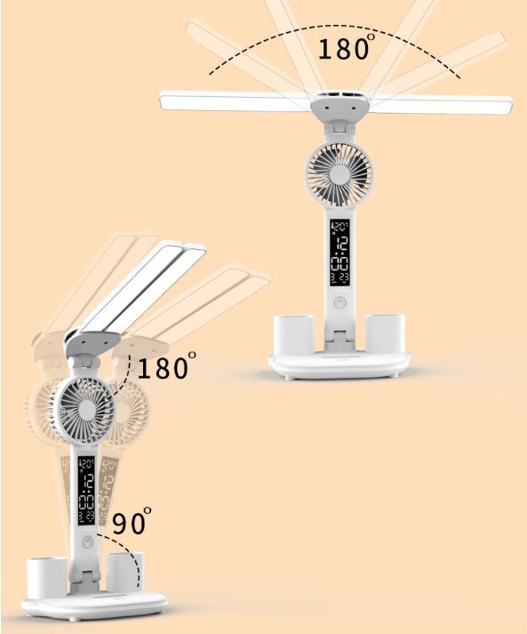 Multifunction LED Desk Lamp, Foldable with Fan, Clock, & Pen Holder