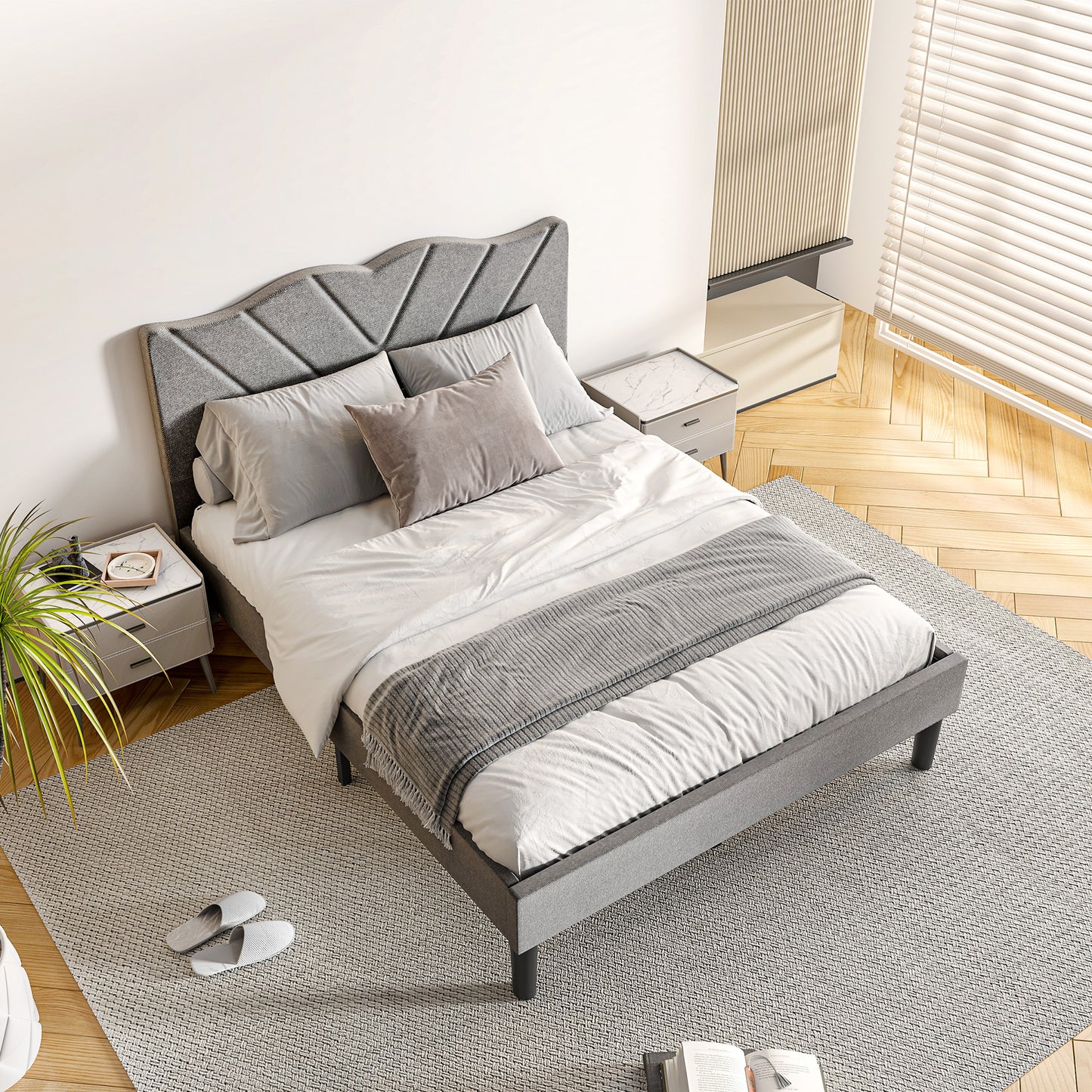 Grey Upholstered Platform Bed - Easy Assembly, No Box Spring Required - DonoHome