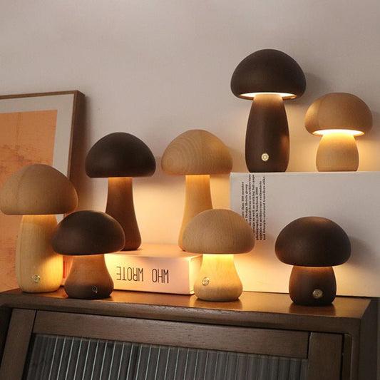 Wooden Mushroom LED Night Light, Touch-Activated Bedside Table Lamp