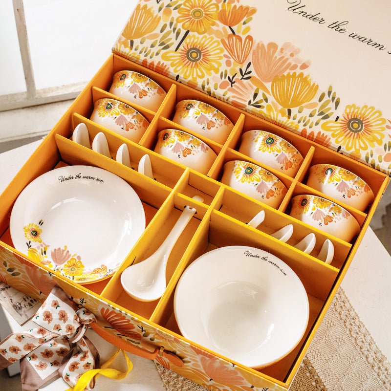Floral Ceramic Dinnerware Gift Set – Bowls, Spoons & Plates in Decorative Box - DonoHome
