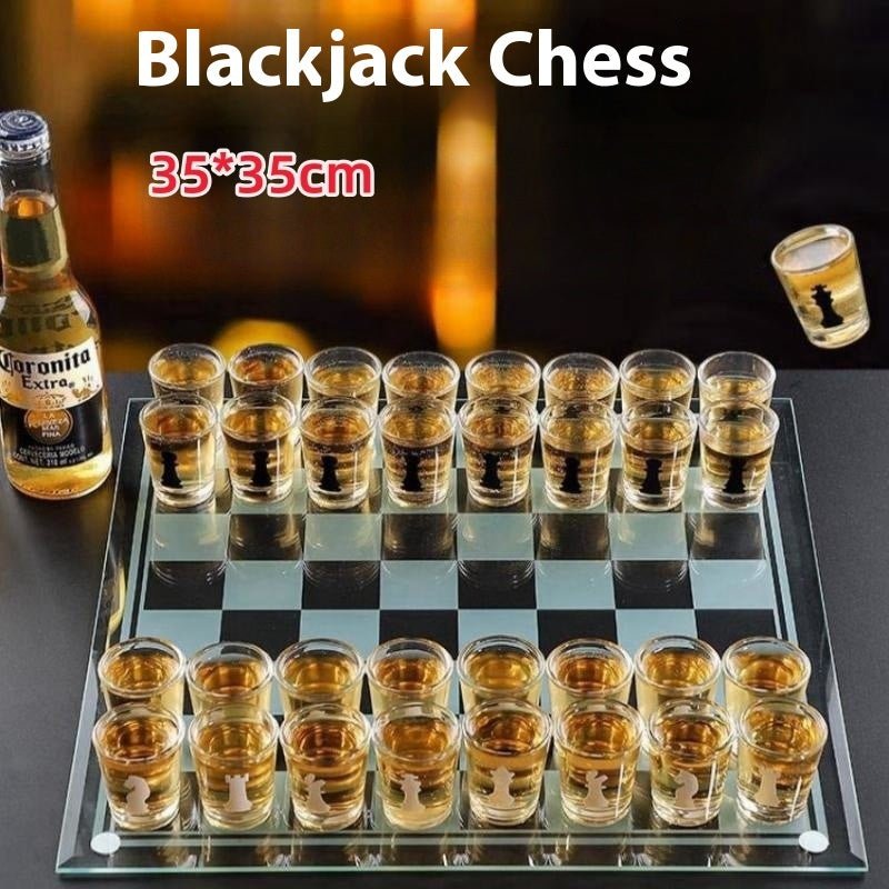 Elegant Glass Chess Drinking Game Set with Crystal Cups