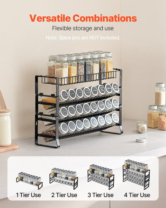 Spice Rack Organizer with Glass Jars, 2-Tier Countertop & Cabinet Seasoning Holder – Black - DonoHome