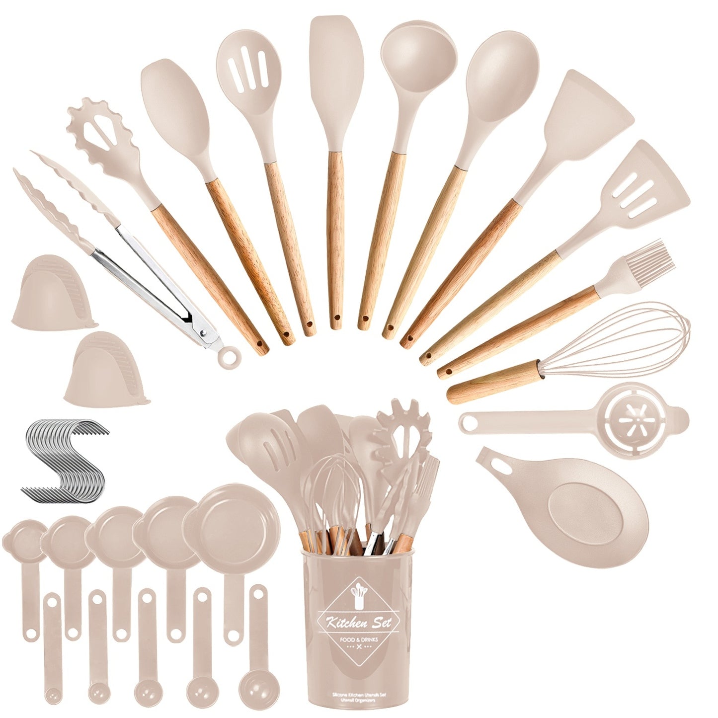 35Pcs Kitchen Cooking Utensils Set with Holder – Spatula, Whisk, Tongs, Spoons, Cups, Separator (4 Colors)