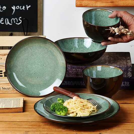 Minimalist Green Glaze Ceramic Tableware Set with Plates, Bowls & Mug for Home Dining