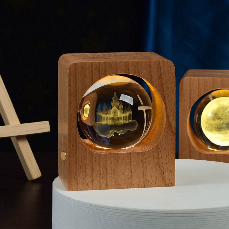 Wooden Base LED Night Light, 3D Laser-Engraved Galaxy Crystal Ball Lamp