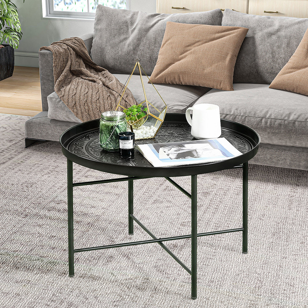 24" Round Hammered Metal Coffee Table with Tray Top – Black